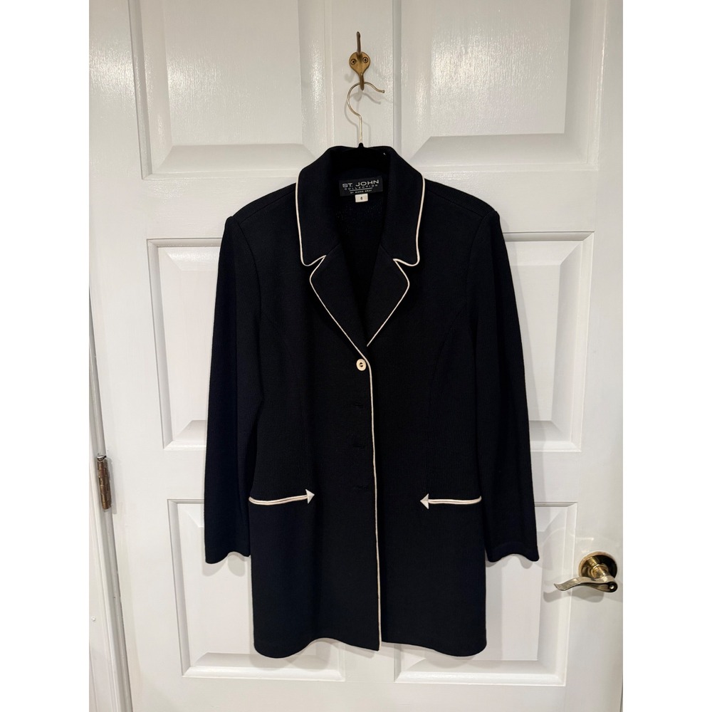 St John Collection Marie Gray Navy Knit Blazer Contrast Piping Size 6